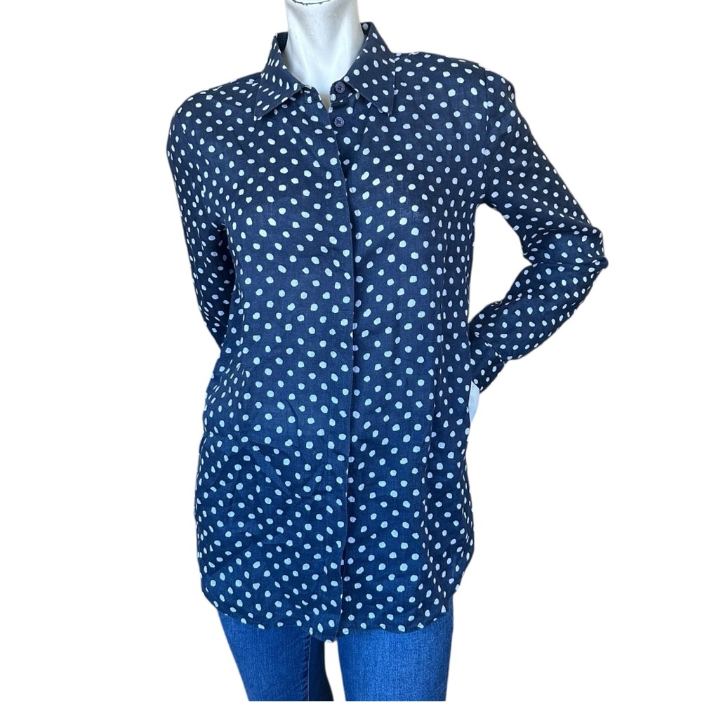 Lafayette 148 Blue & White Abstract Polka Dot 100% Linen Button Down Shirt Small